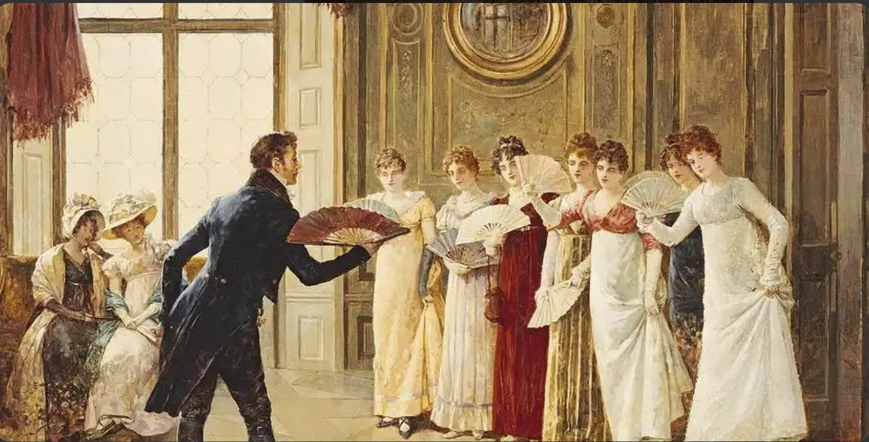 A Georgian ballroom scene, ladies with fans