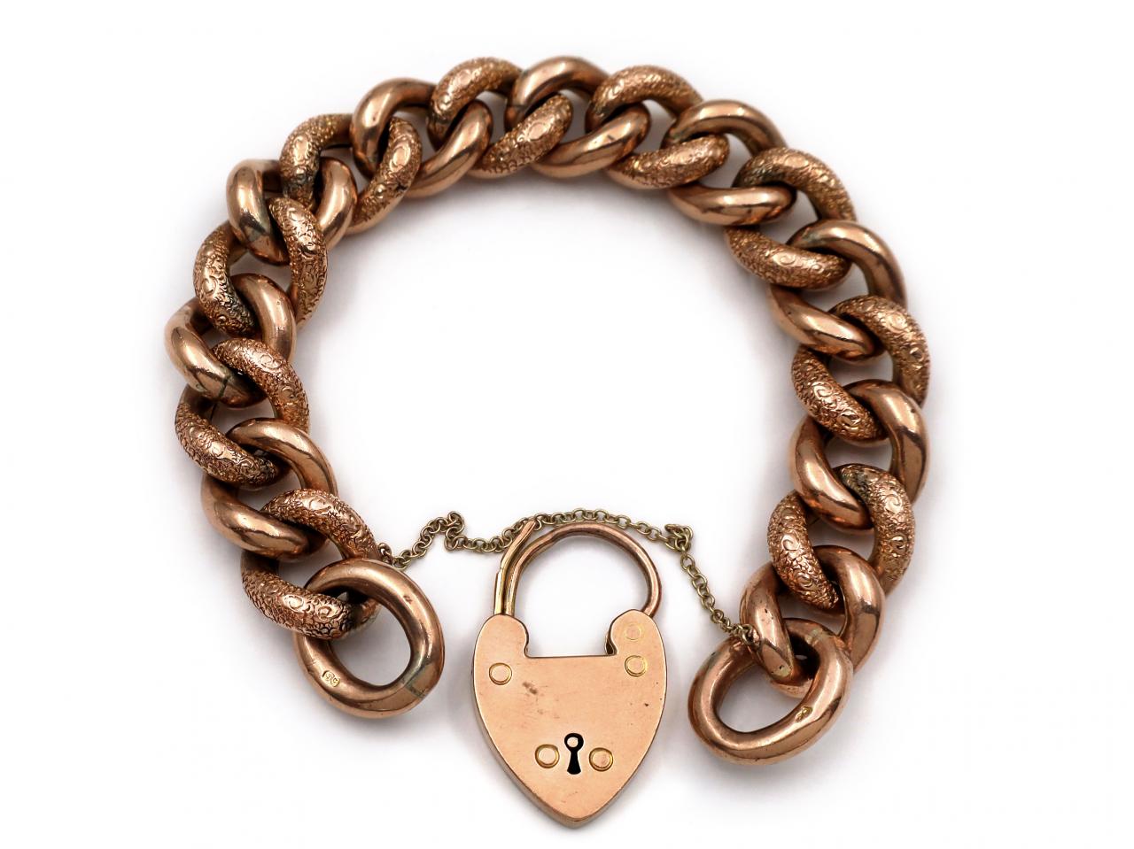 9kt rose gold antique engraved and polished curb bracelet with heart lock