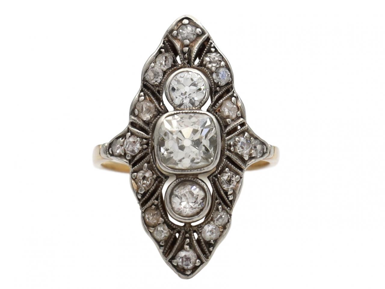 Art Deco cushion shape diamond shield ring in platinum and gold