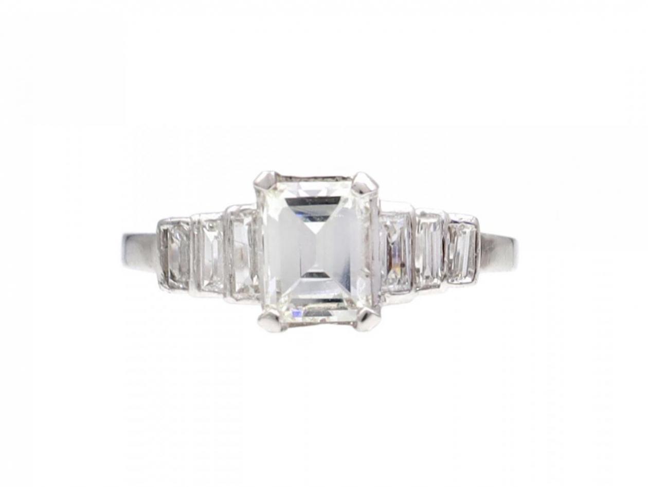 Art Deco emerald cut diamond step ring in platinum