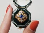 Antique sapphire and diamond carved ring in 14kt yellow gold
