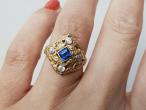 Antique sapphire and diamond carved ring in 14kt yellow gold