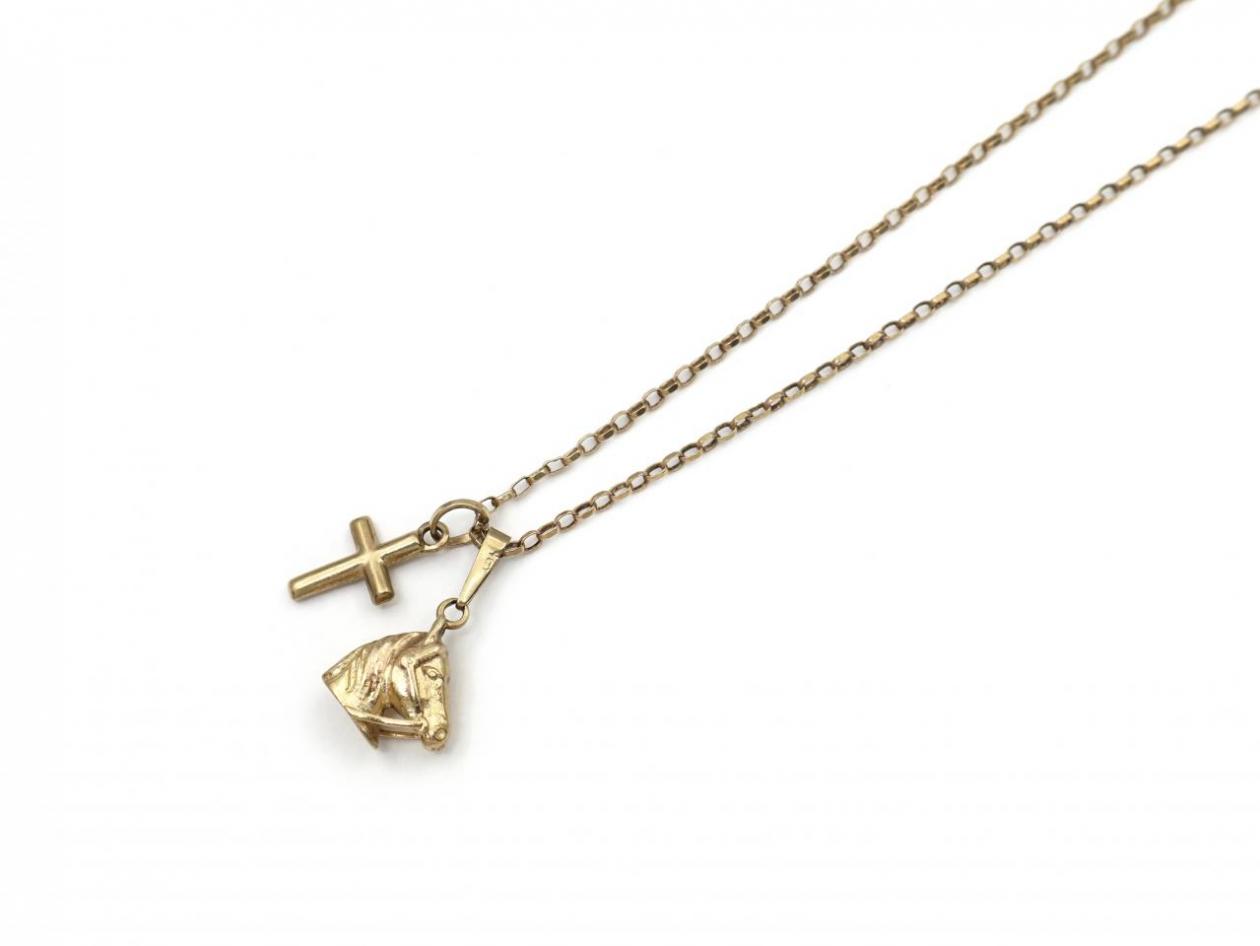 Vintage cross and horse double pendant necklace in yellow gold