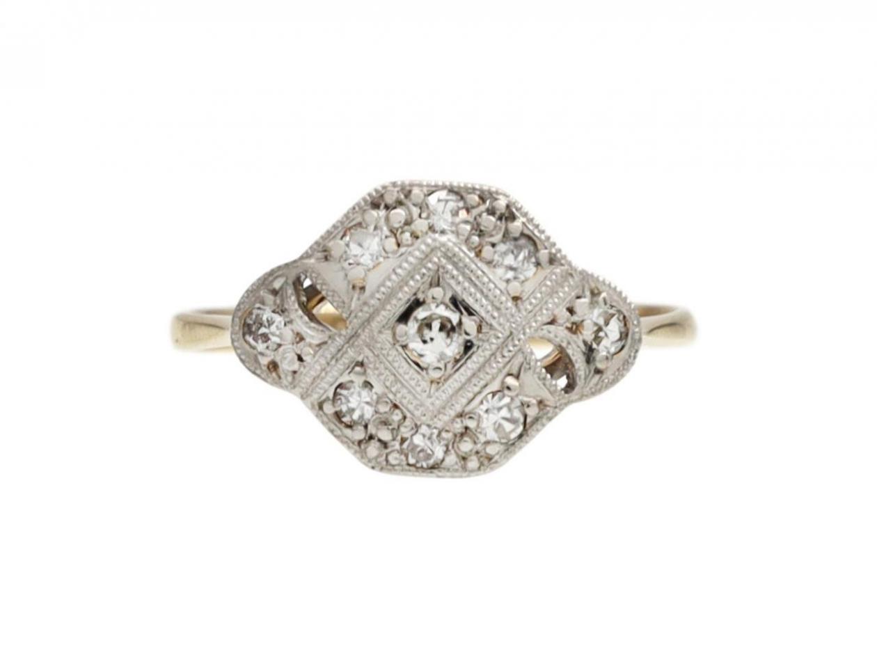 1920s diamond set plaque ring in platinum on 18kt yellow gold