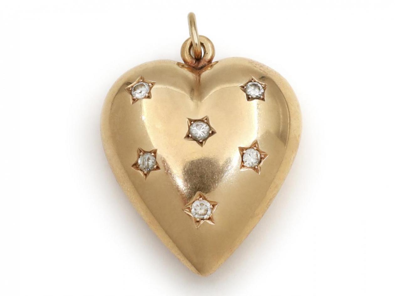 Retro 18kt yellow gold puffy diamond set heart pendant