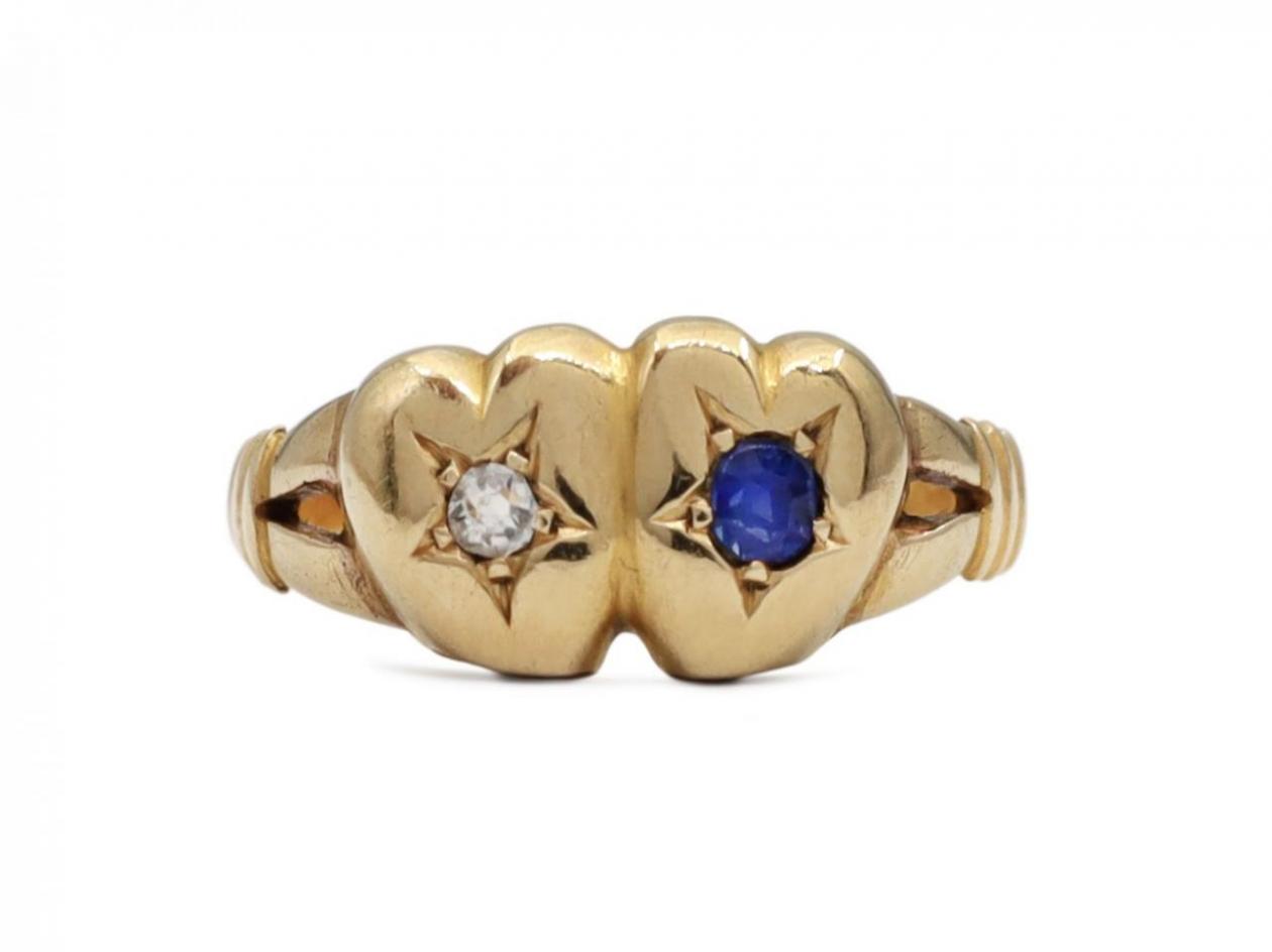 1899 double heart diamond and sapphire ring in 18kt yellow gold