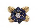 Retro diamond and sapphire crossover cluster ring in 18kt yellow gold