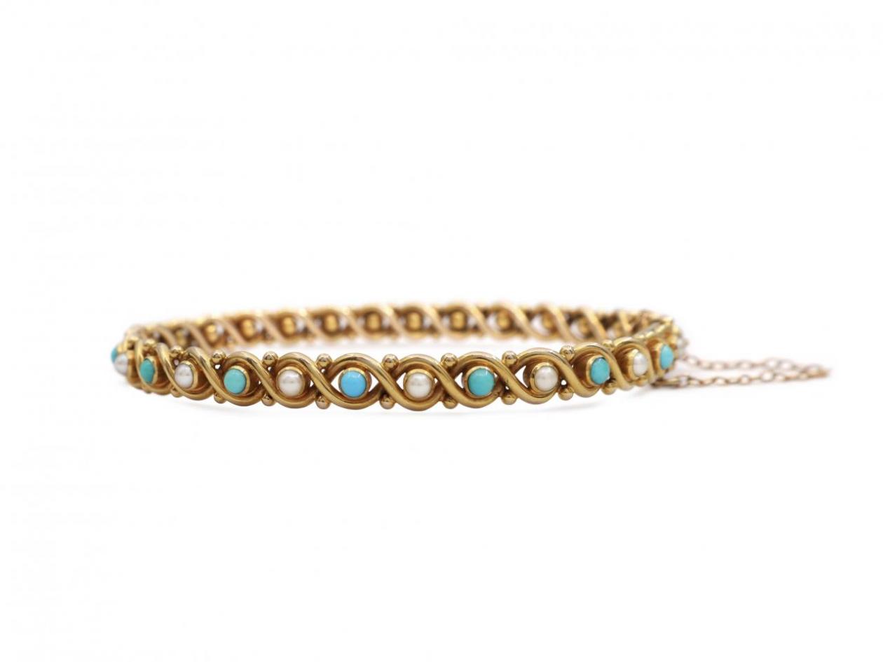 Victorian turquoise and seed pearl woven 18kt yellow gold bangle