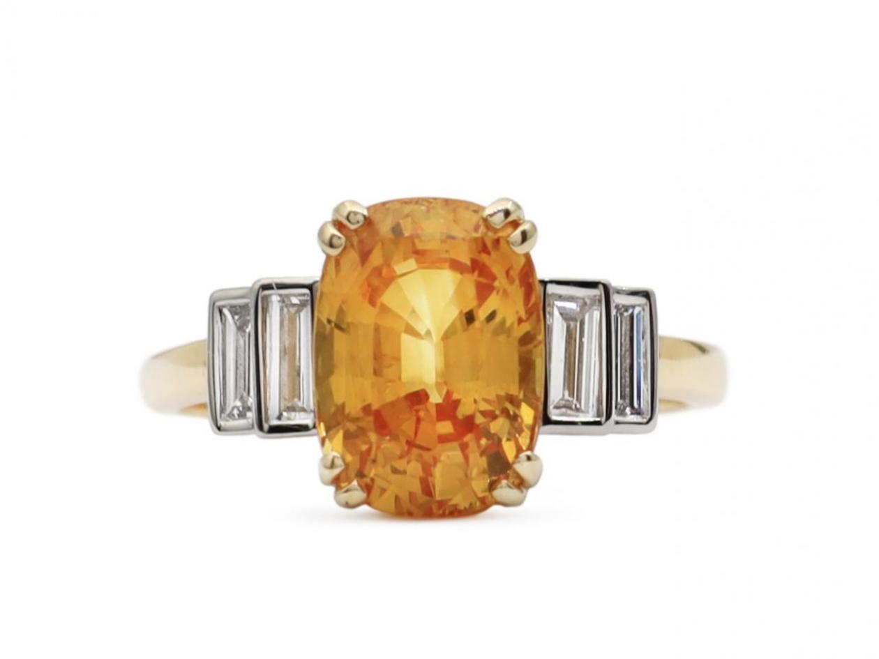 4.20ct fancy yellow sapphire and diamond baguette cut ring in gold