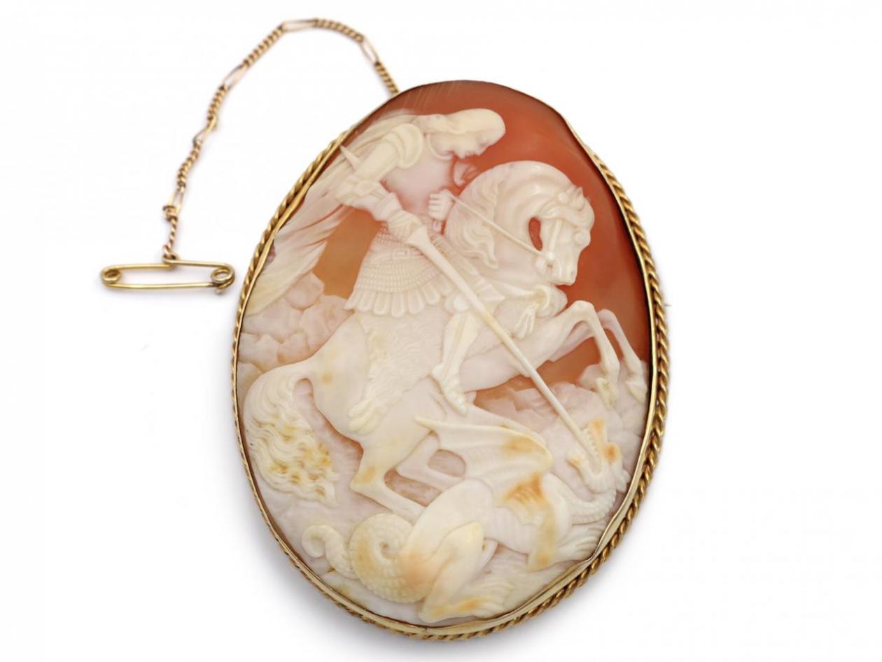 Antique shell cameo depicting St.George slaying the dragon brooch