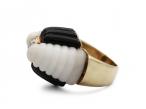 Vintage diamond, onyx and white chalcedony vertical ribbed ring in gold