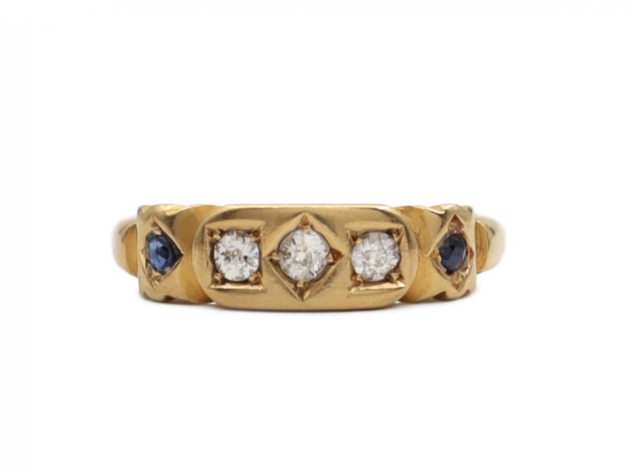 1898 diamond and sapphire five stone gypsy ring in 18kt gold