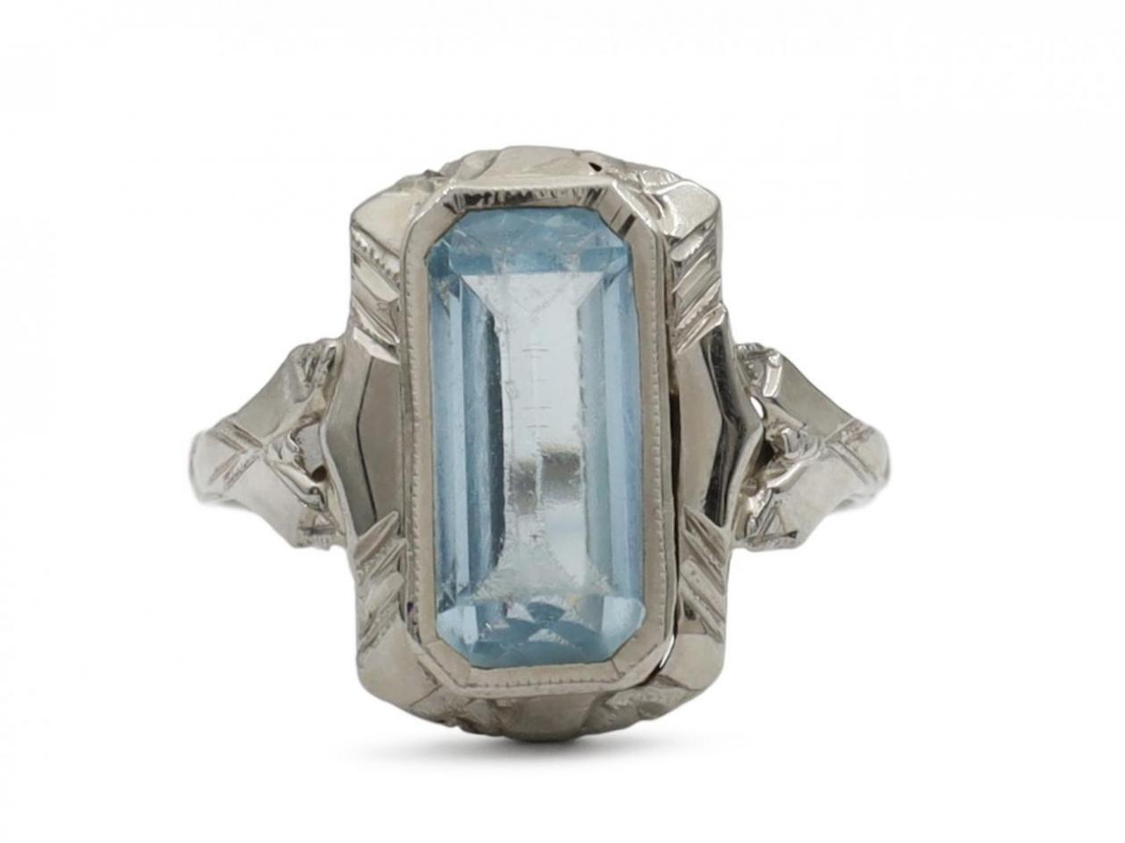 Vintage emerald cut aquamarine dress ring in 18kt white gold