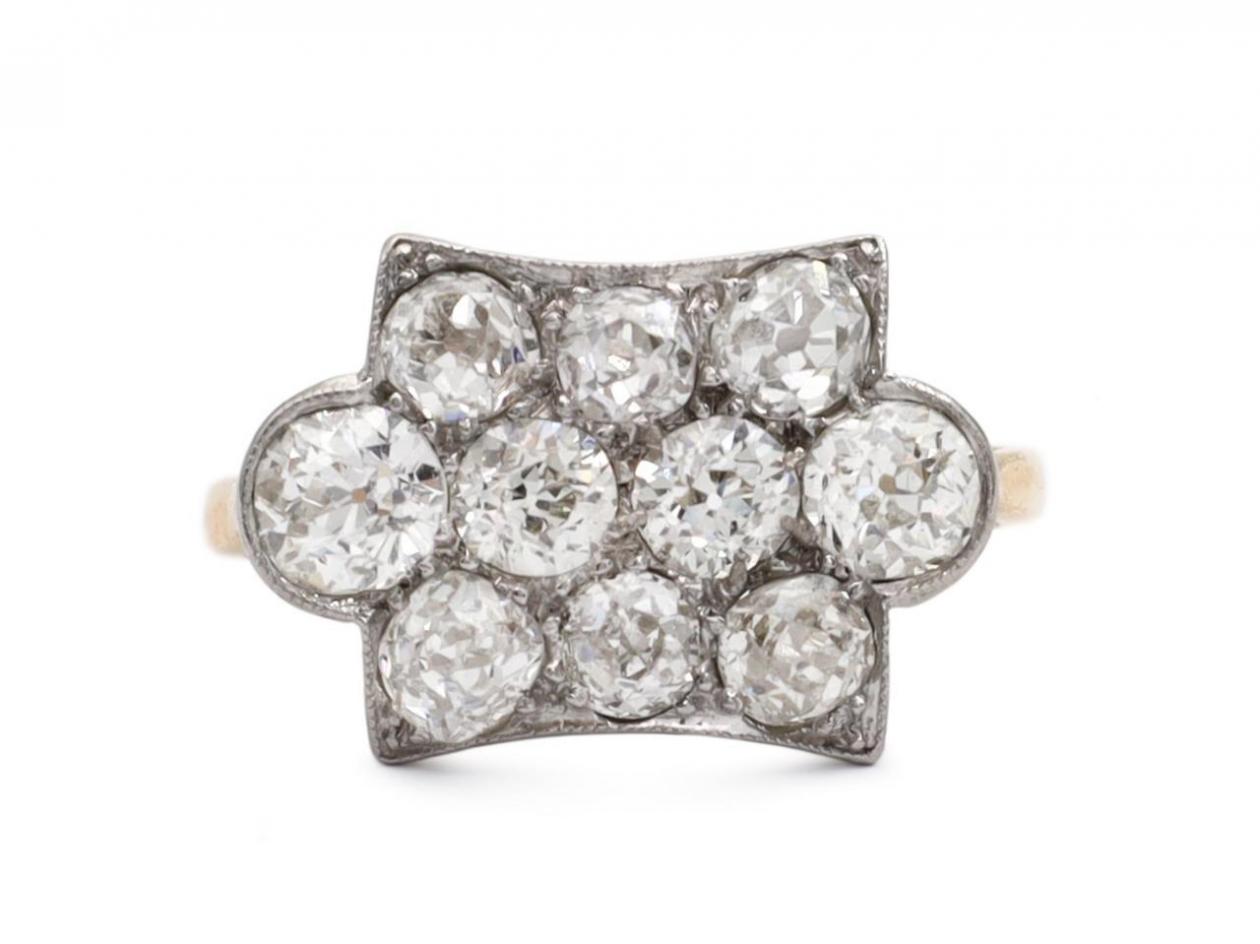 1920s Old European cut diamond plaque cluster ring