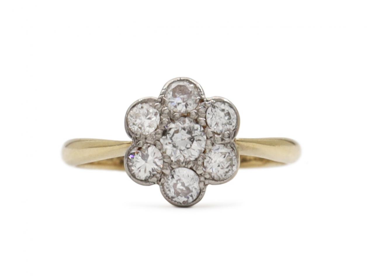 Edwardian diamond daisy cluster engagement ring in 18kt yellow gold