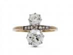 Edwardian vertical two stone diamond ring in platinum and 18kt gold