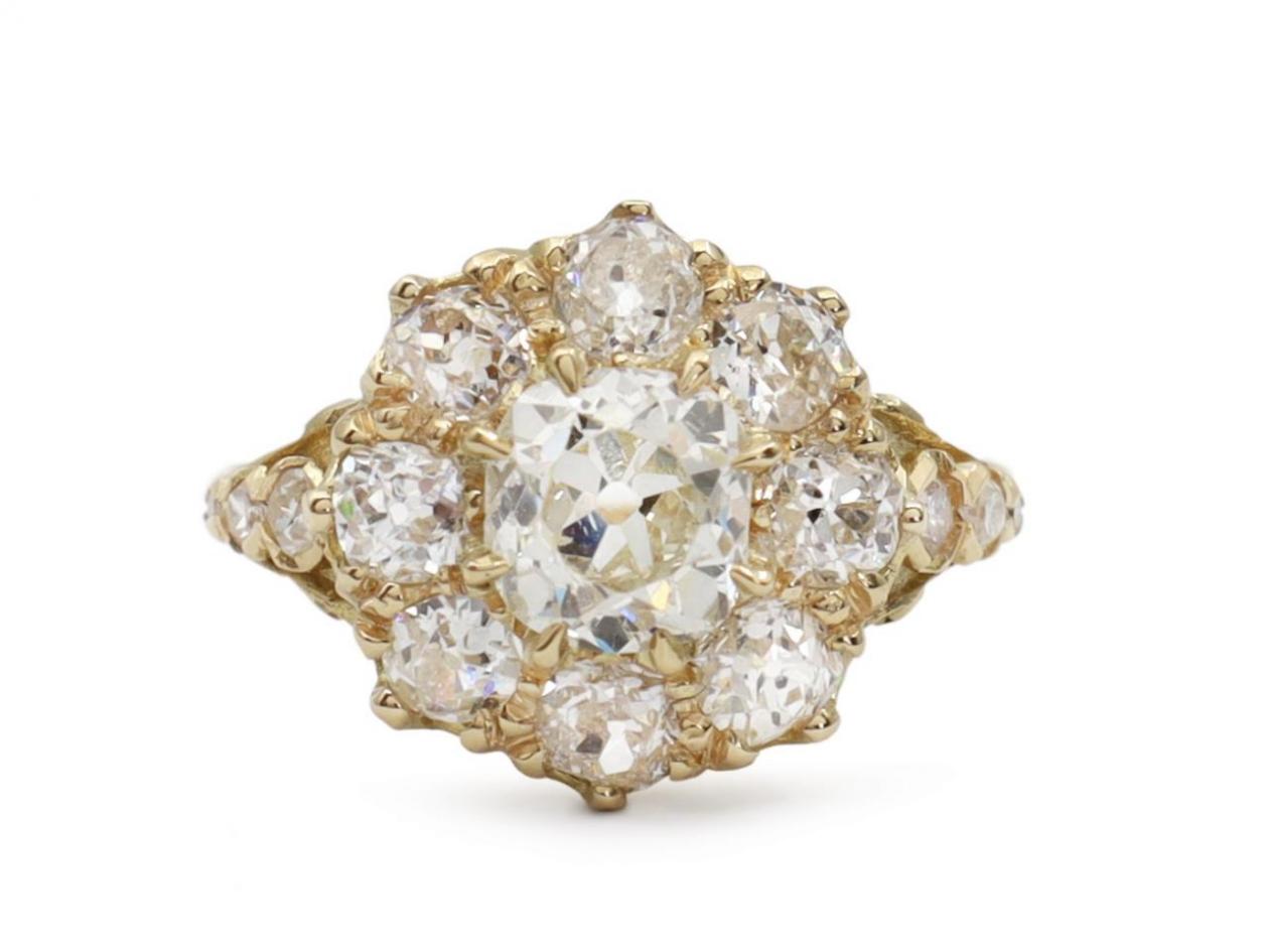 Victorian diamond coronet cluster engagement ring in 18kt yellow gold