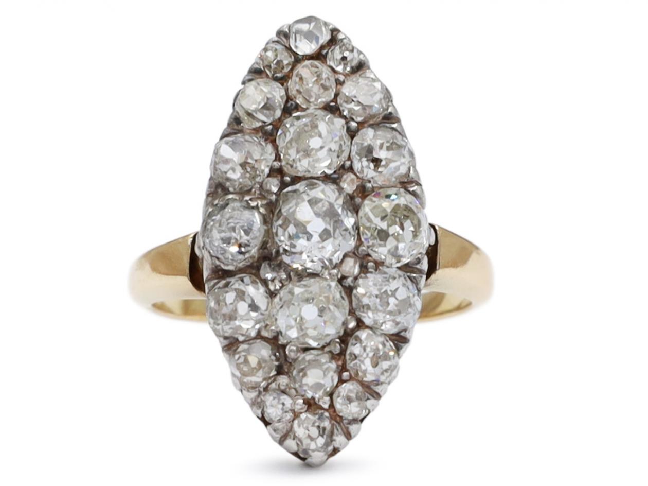 Victorian old cut diamond marquise cluster ring in silver on gold