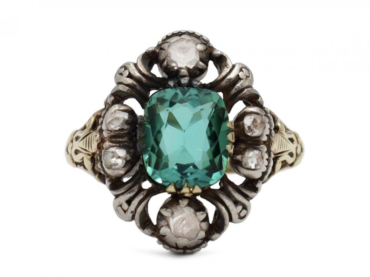 Victorian romantic era green tourmaline and diamond cluster ring