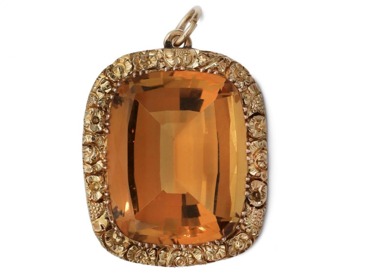 Early Victorian large citrine and chased yellow gold pendant