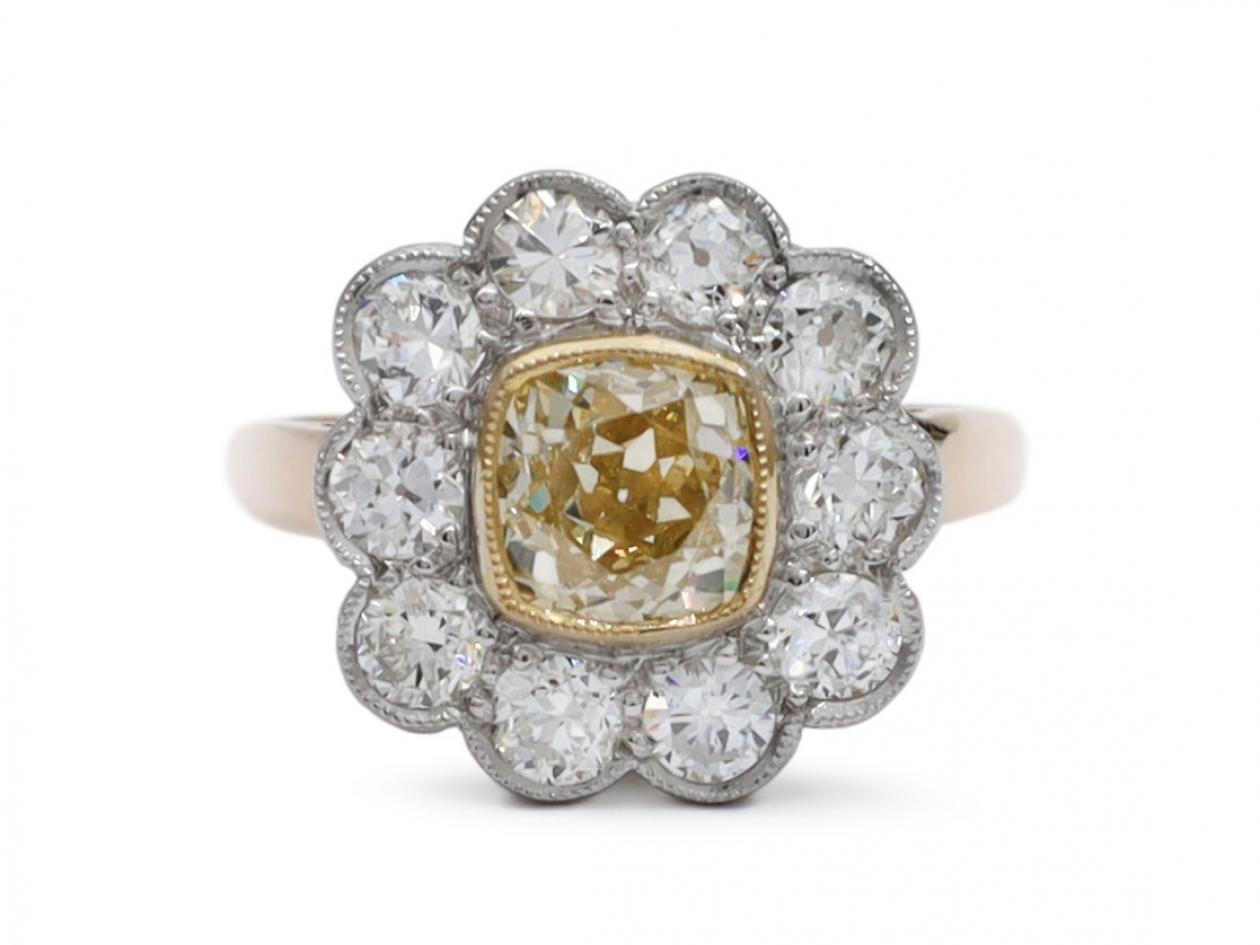 Vintage 1.10ct pale yellow diamond floral cluster ring