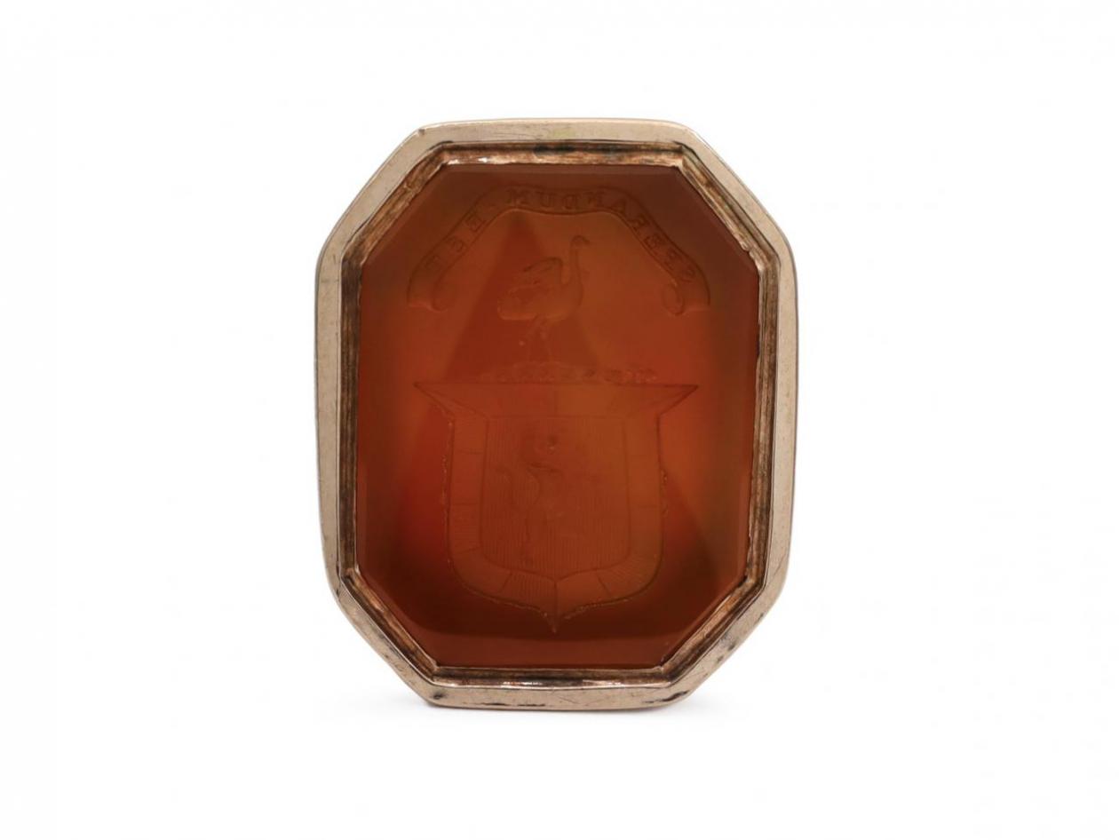 Antique carnelian intaglio 'Wallace clan' crest in 9kt gold