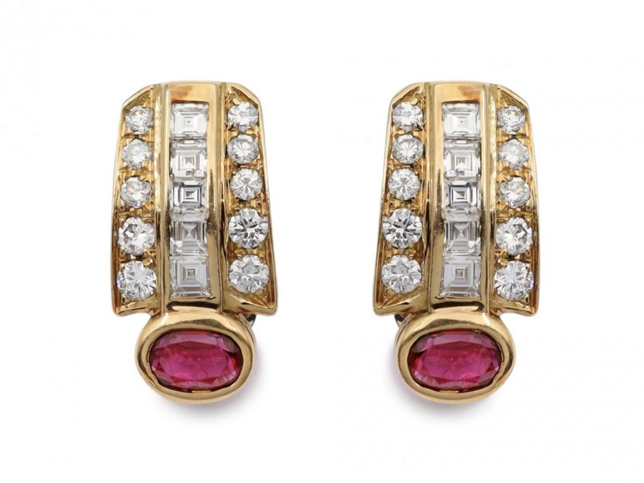 Vintage 18kt yellow gold, ruby and diamond clip-on earrings