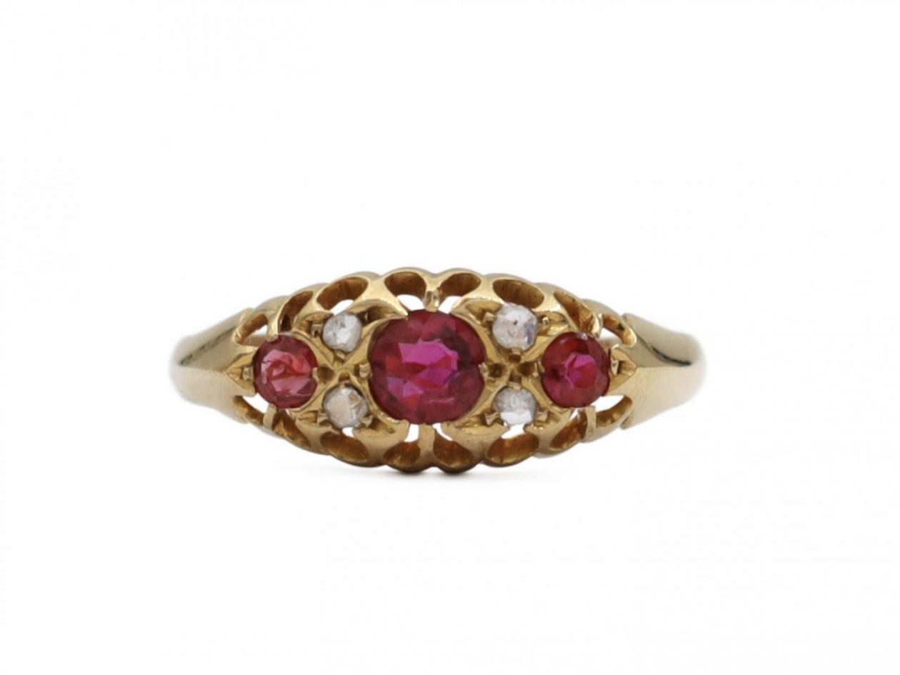 1903 ruby and diamond three stone ring in 18kt yellow gold