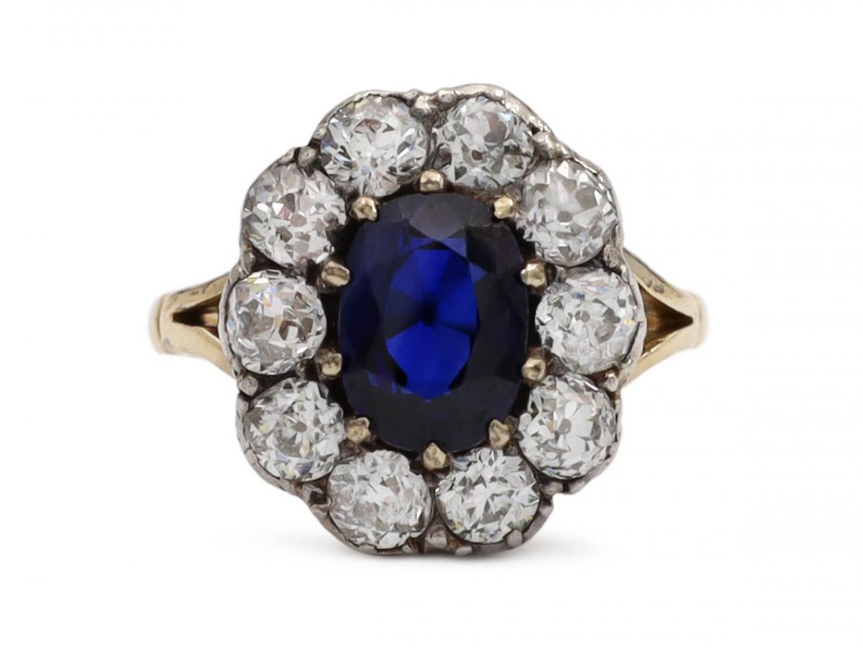 Early Victorian sapphire and diamond oval cluster ring