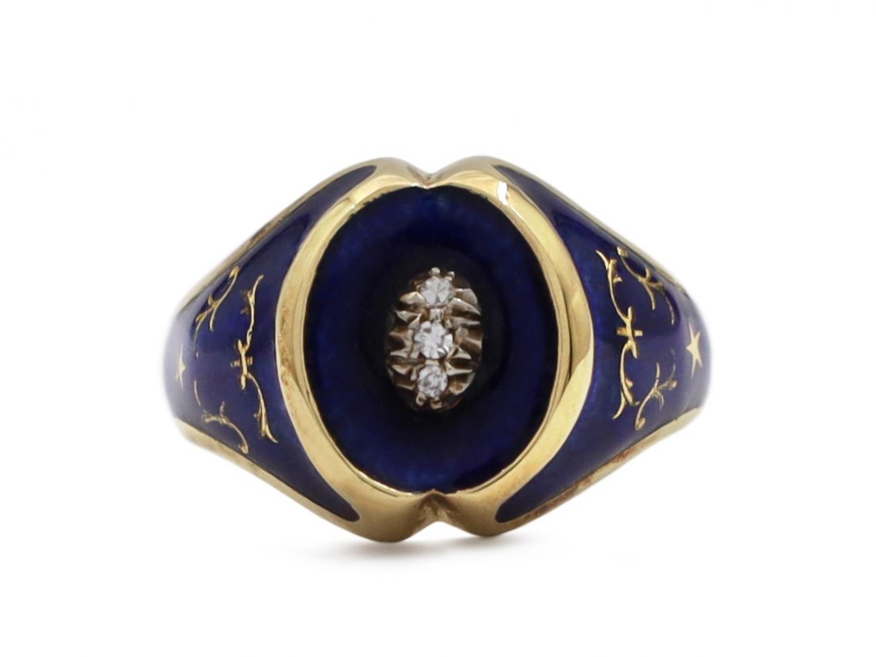 Italian vintage diamond, royal blue enamel and gold signet ring