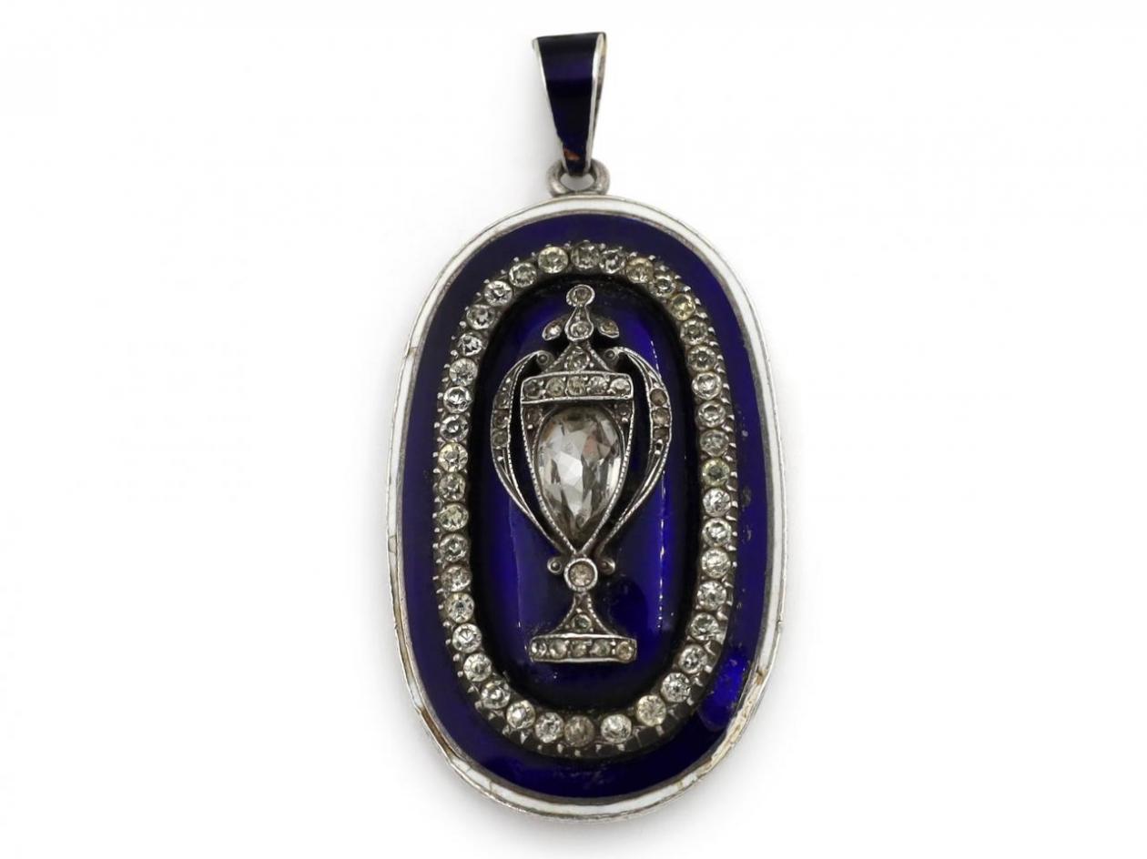 Vintage sterling silver, Royal blue enamel and paste urn pendant