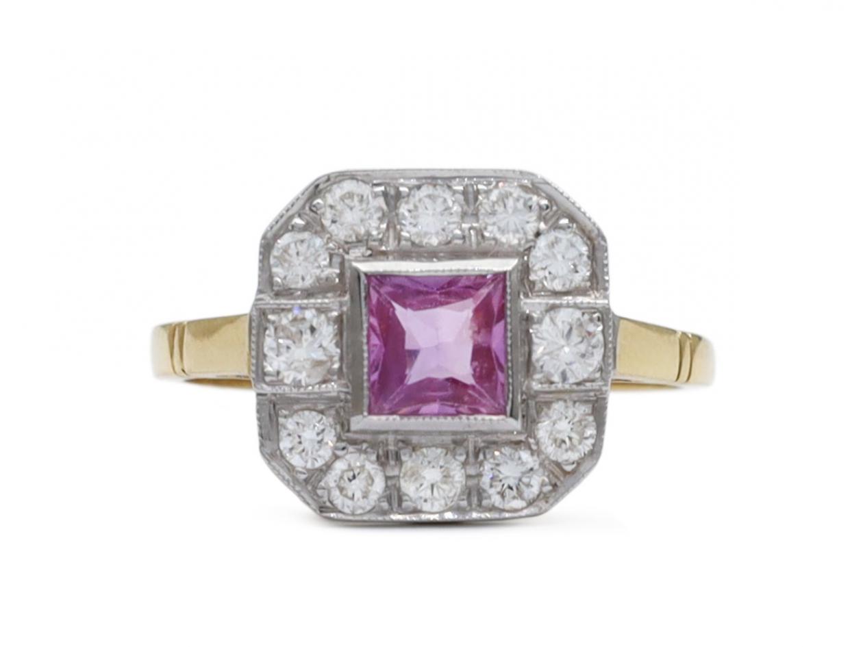 Art Deco style pink sapphire and diamond geometric cluster ring