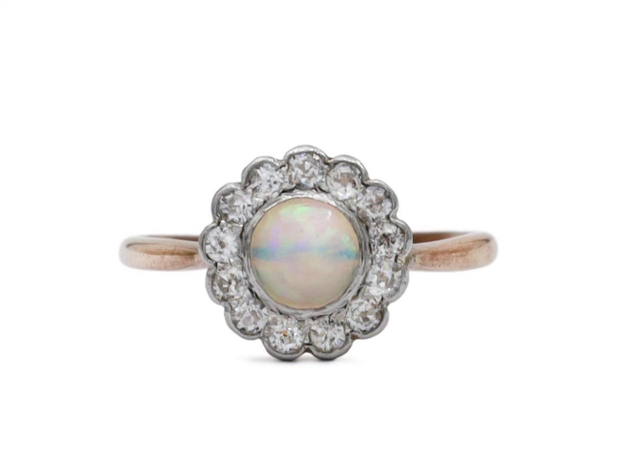 Antique opal and diamond floral cluster ring