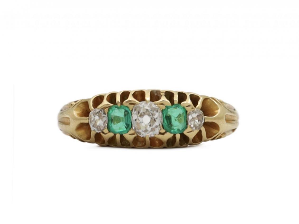 Victorian diamond and emerald five stone ring in gold