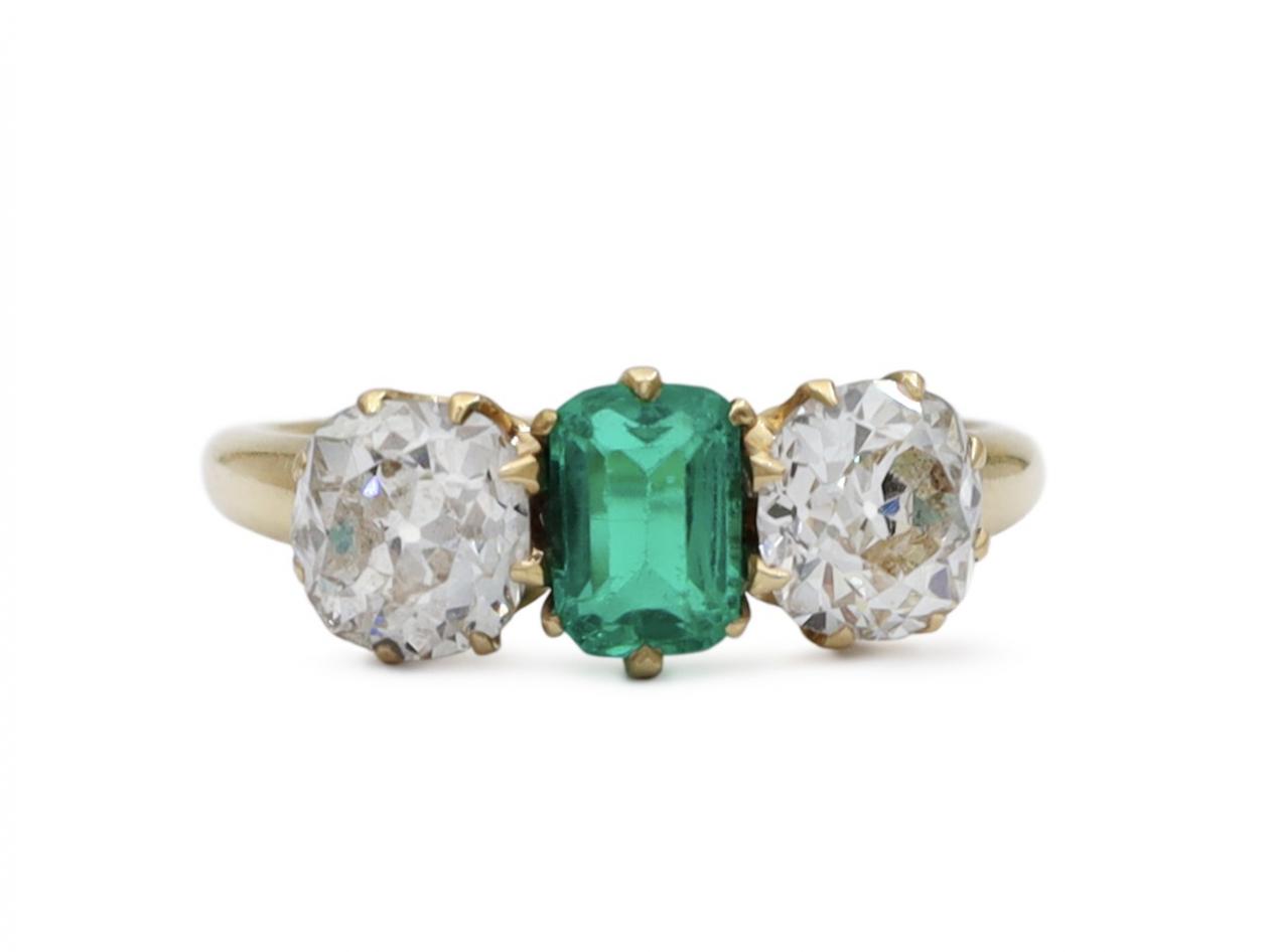 Victorian Colombian emerald and Old Mine diamond three stone ring