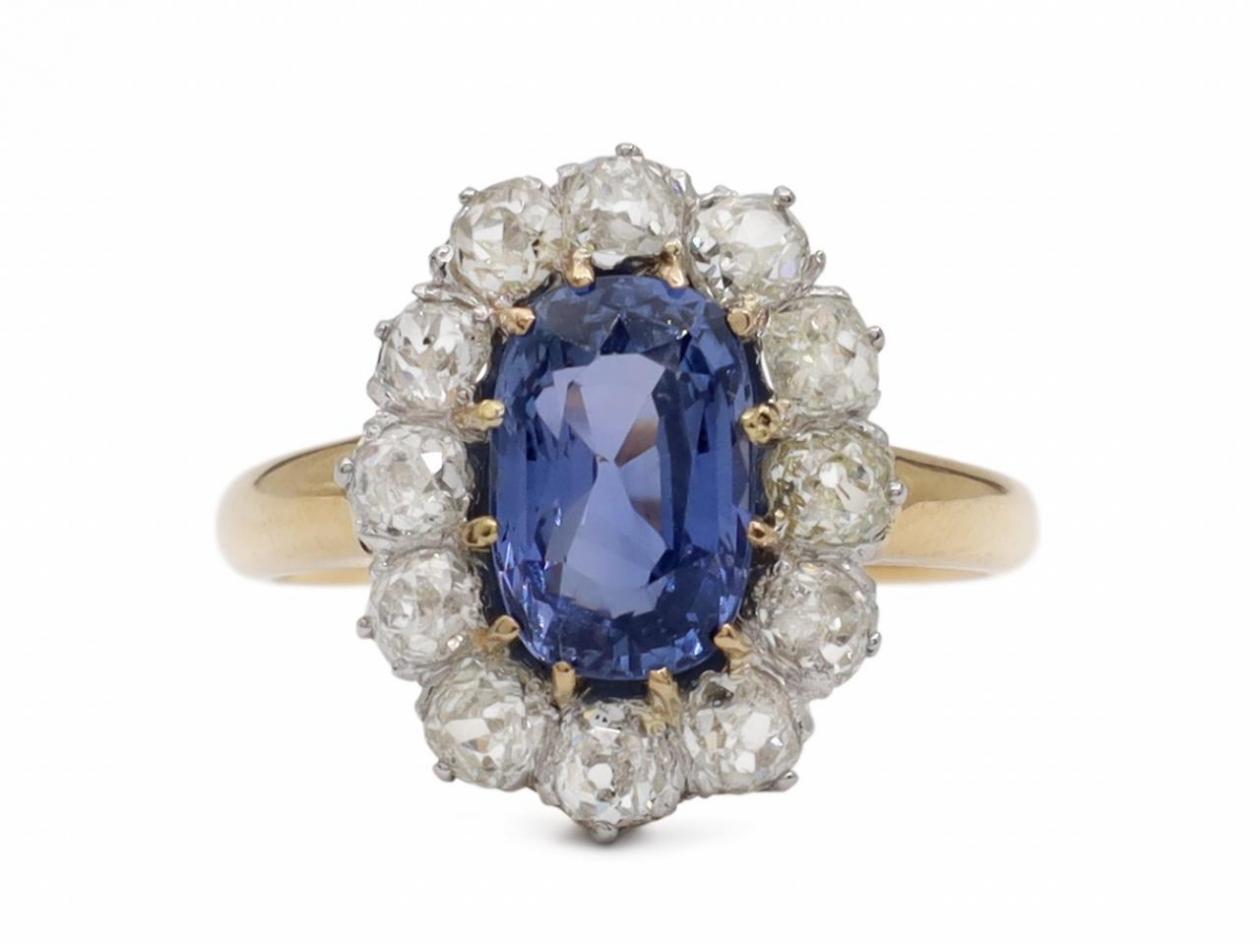 Belle Epoque Ceylon sapphire and diamond oval coronet cluster ring