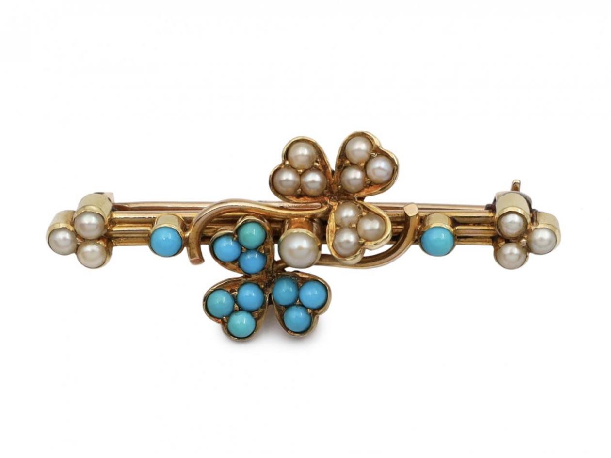 Victorian seed pearl and turquoise double shamrock brooch