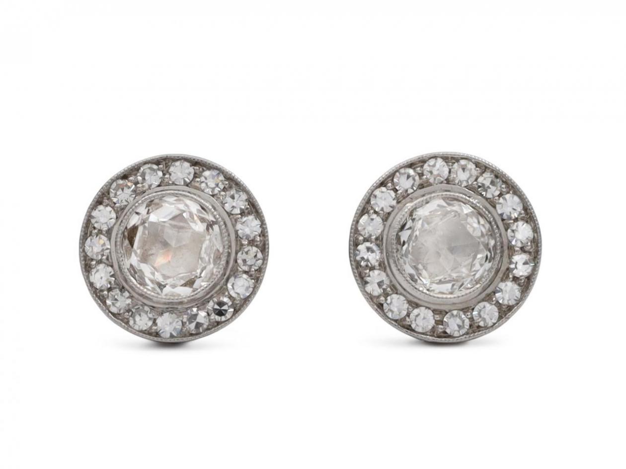 Vintage fancy Swiss cut diamond halo stud earrings