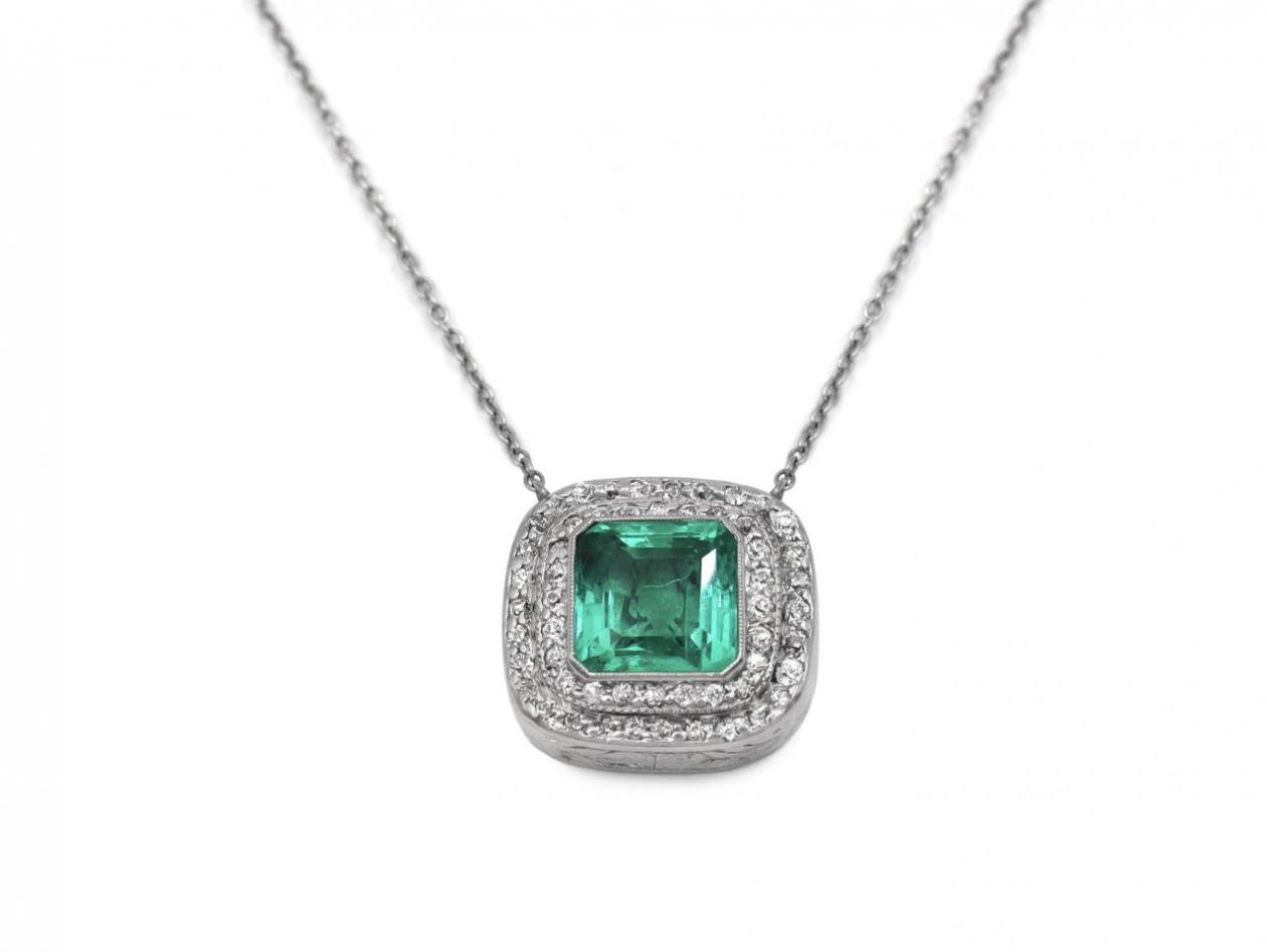 Edwardian Colombian emerald and diamond cluster pendant