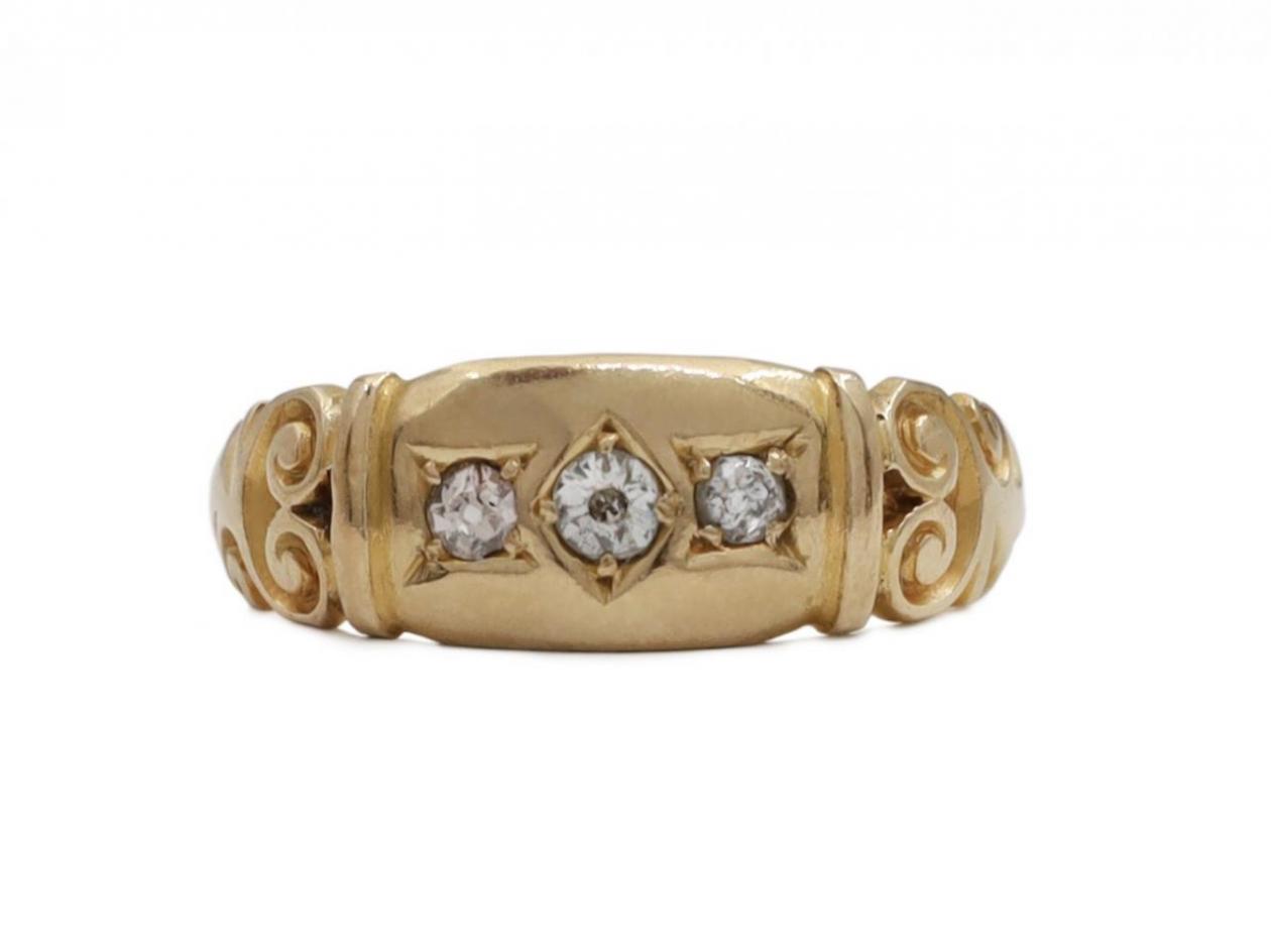 Victorian diamond three stone carved gypsy ring in gold