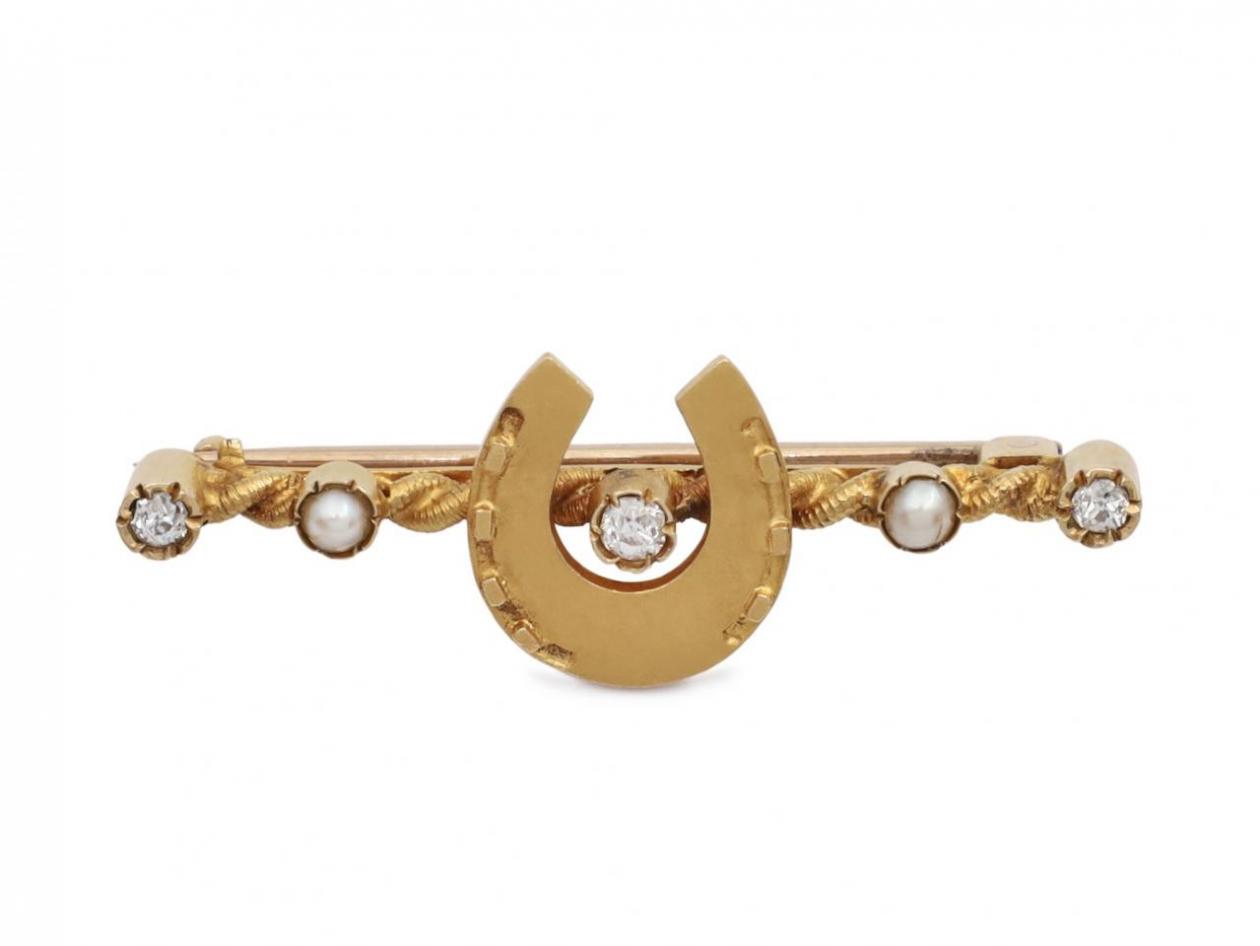 Antique horseshoe diamond and pearl bar brooch in gold