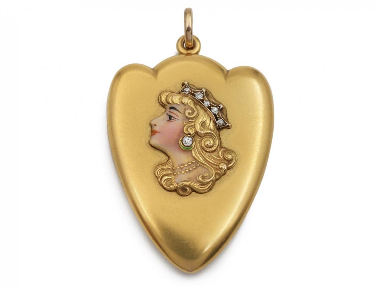 Edwardian enamel princess large shield locket in 15kt gold