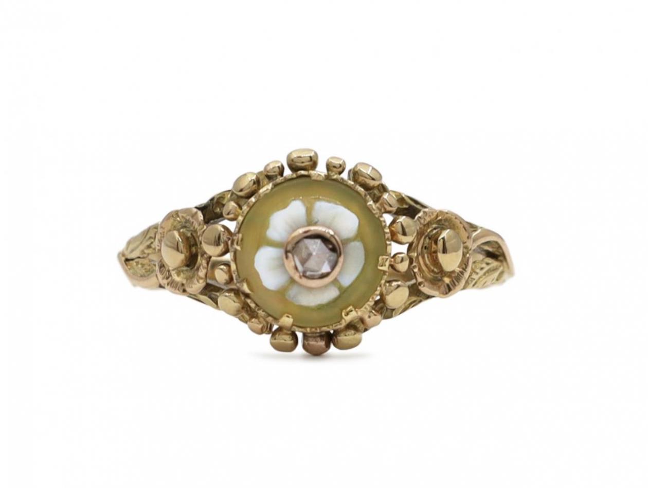 Antique diamond and green agate flower cameo ring in gold