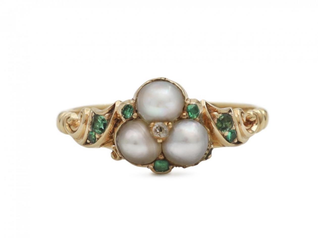 Early Victorian diamond and pearl and emerald trefoil ring