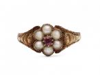 Georgian ruby and pearl floral cluster ring in gold