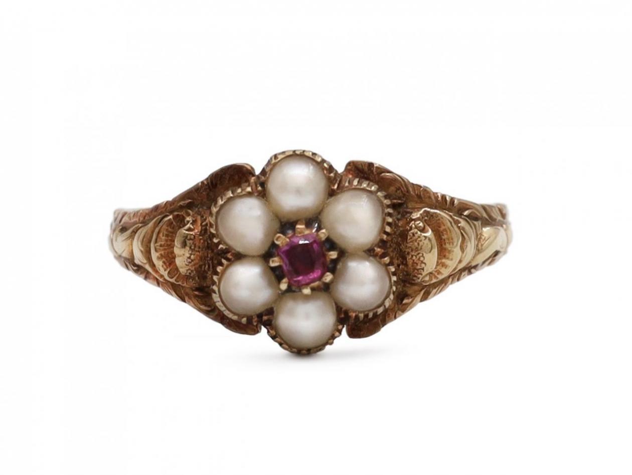 Georgian ruby and pearl floral cluster ring in gold