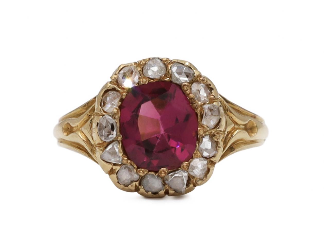 Victorian Almandine garnet and diamond cushion shape cluster ring