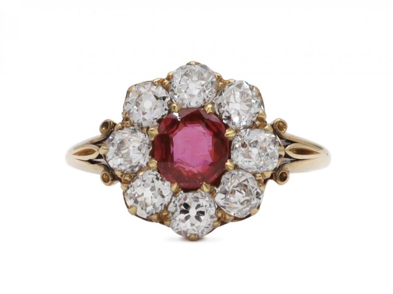 Victorian ruby and diamond circular cluster engagement ring