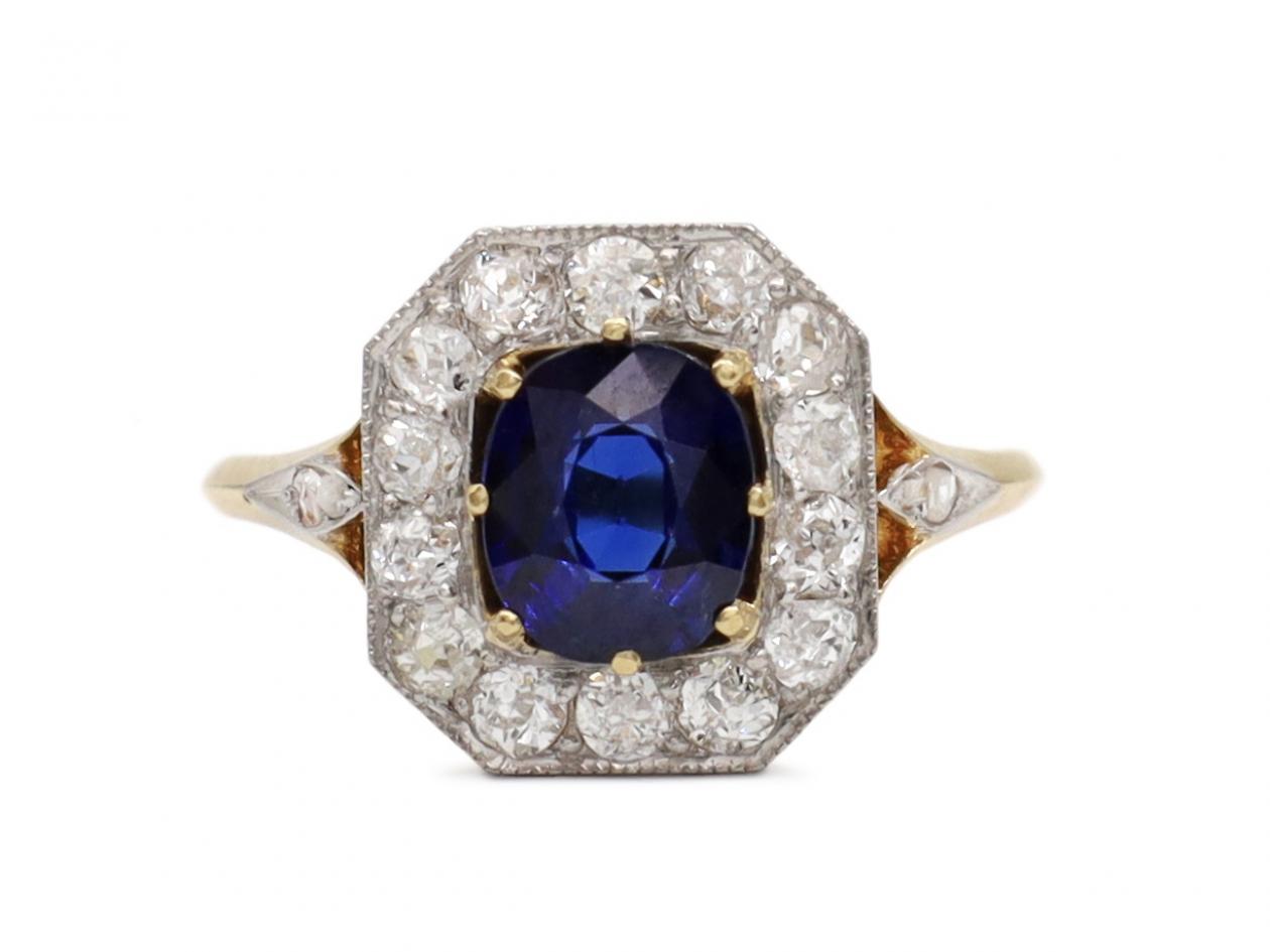 Edwardian sapphire and diamond octagonal cluster ring