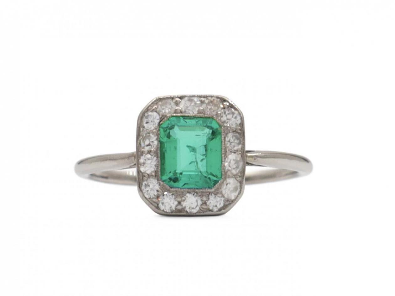 Early Art Deco Colombian emerald and diamond geometric cluster ring